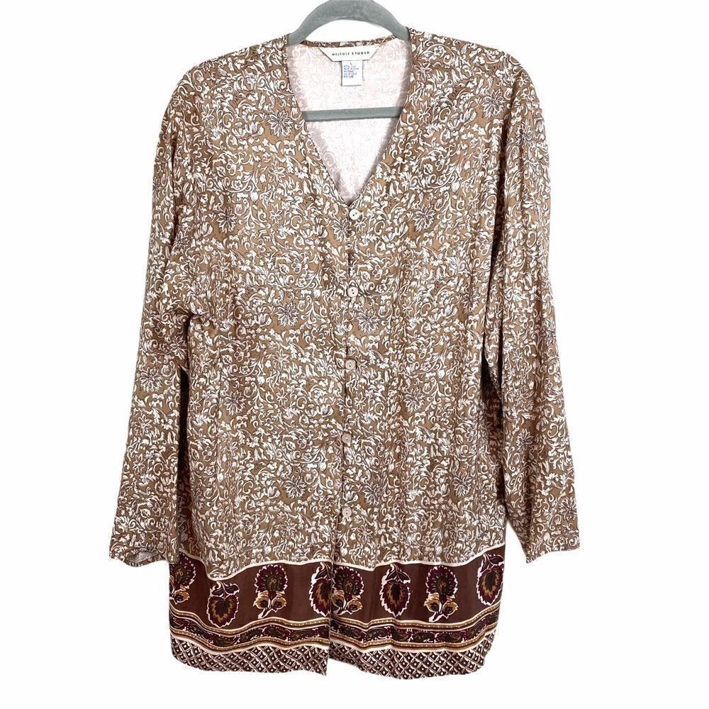 Melrose Studio Beige Silk Floral Button Up